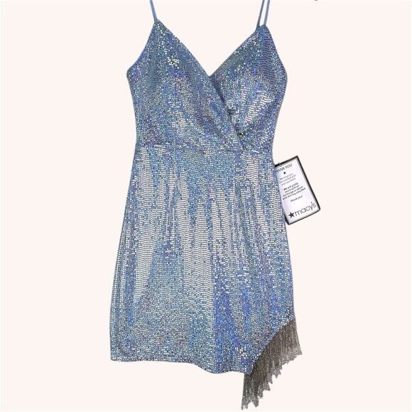 SPEECHLESS Shimmer Blue‎ Silver Sequin Prom Homco Dress Beaded Fringe Medium NWT - Picture 7 of 11